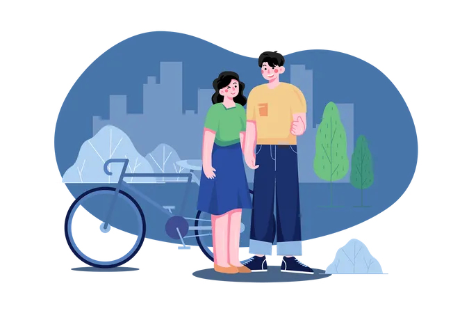 Casal em pé no parque perto de bicicleta  Ilustração