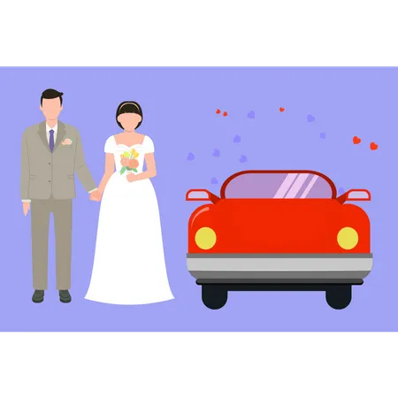 Casal ao lado do carro do casamento  Ilustração