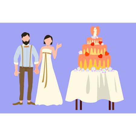 Casal em pé com bolo de casamento  Ilustração