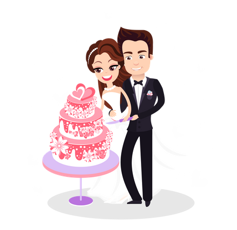 Casal em pé com bolo de casamento  Ilustração