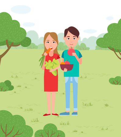 Casal em pé e comendo frutas no jardim  Ilustração