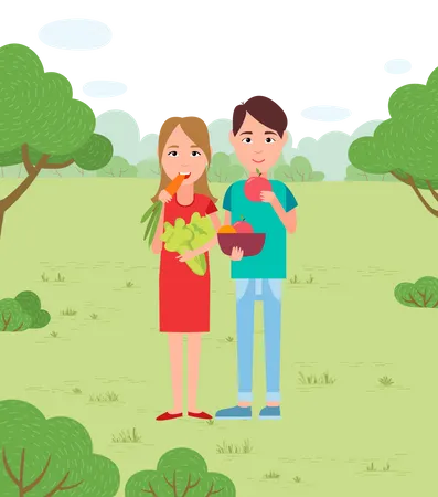 Casal em pé e comendo frutas no jardim  Ilustração