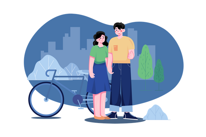 Casal em pé no parque perto de bicicleta  Ilustração