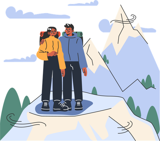 Casal em pé no ponto mais alto da montanha  Ilustração