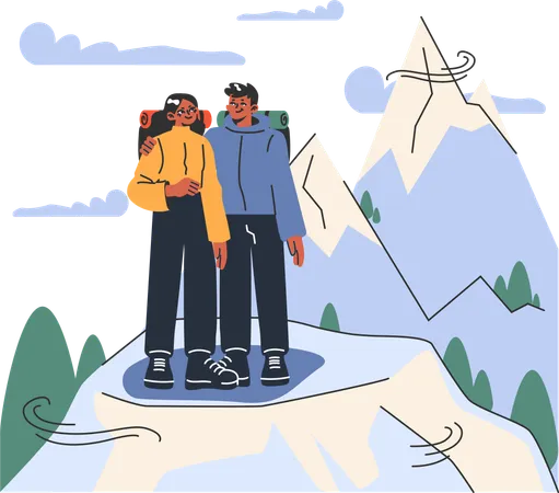 Casal em pé no ponto mais alto da montanha  Ilustração