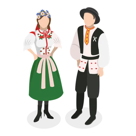 Casal em traje tradicional europeu  Ilustração