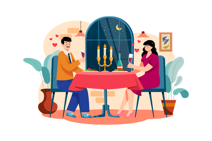 Casal em um jantar romântico  Ilustração