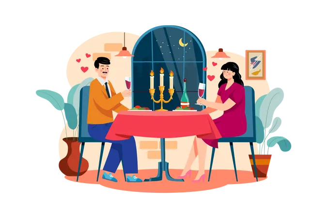 Casal em um jantar romântico  Ilustração