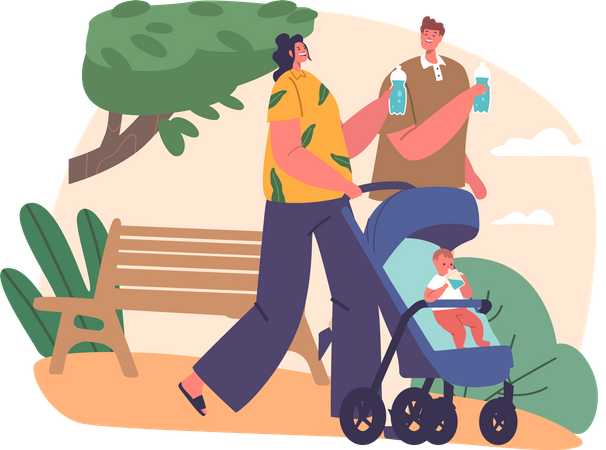 Casal empurra carrinho de bebê enquanto desfruta de uma bebida refrescante de água  Ilustração