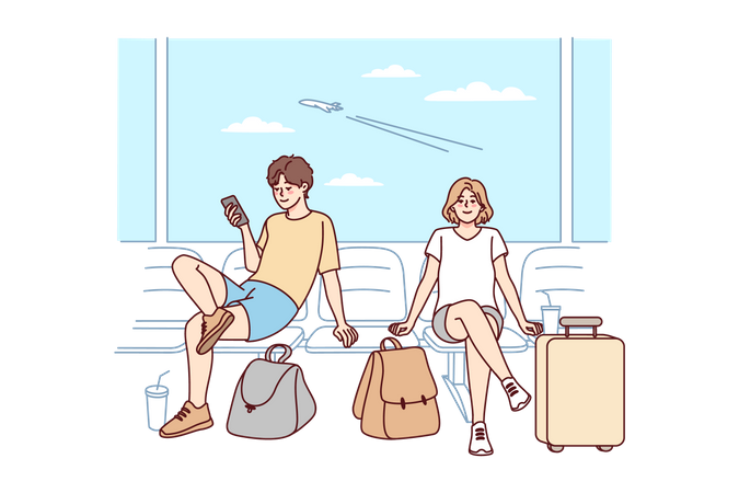 Casal esperando no terminal do aeroporto  Ilustração