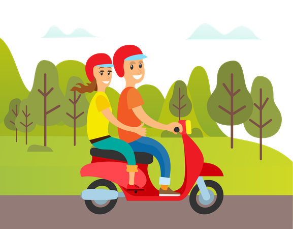 Casal está andando de moto  Ilustração