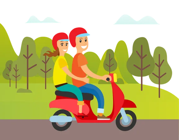 Casal está andando de moto  Ilustração