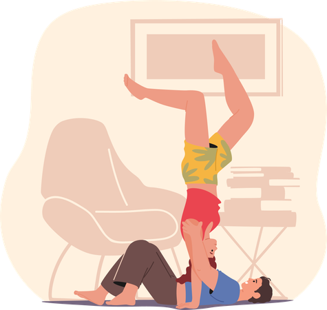 Casal bate a cabeça no chão fazendo ioga  Ilustração