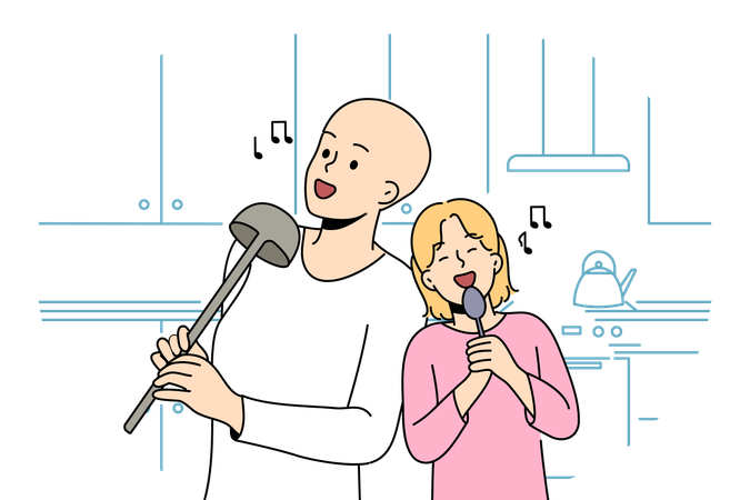 Casal está cantando na cozinha  Ilustração