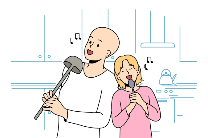 Casal está cantando na cozinha  Ilustração