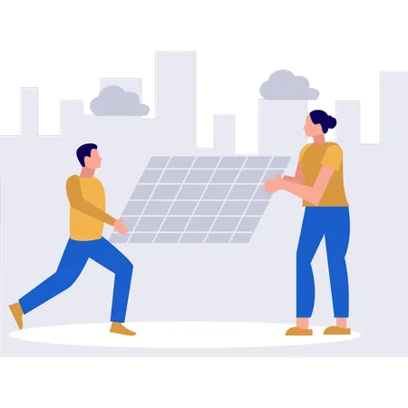 Casal está carregando placas solares  Ilustração