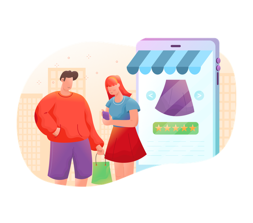 Casal está fazendo compras on-line  Ilustração