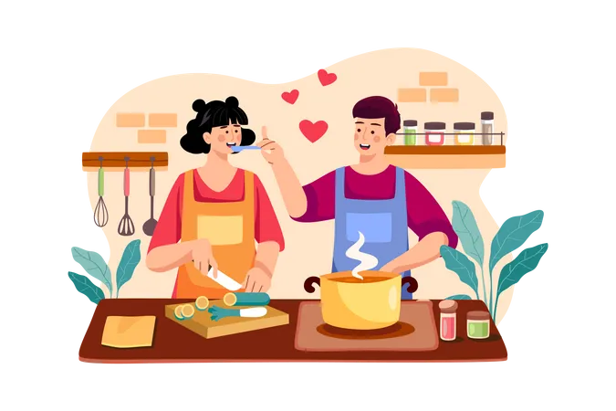 Casal está cozinhando junto  Ilustração