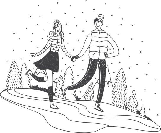 Casal está dançando na neve  Ilustração