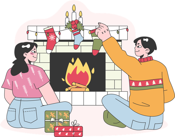 Casal está decorando sua casa para a celebração do Natal  Illustration