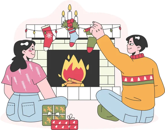 Casal está decorando sua casa para a celebração do Natal  Illustration