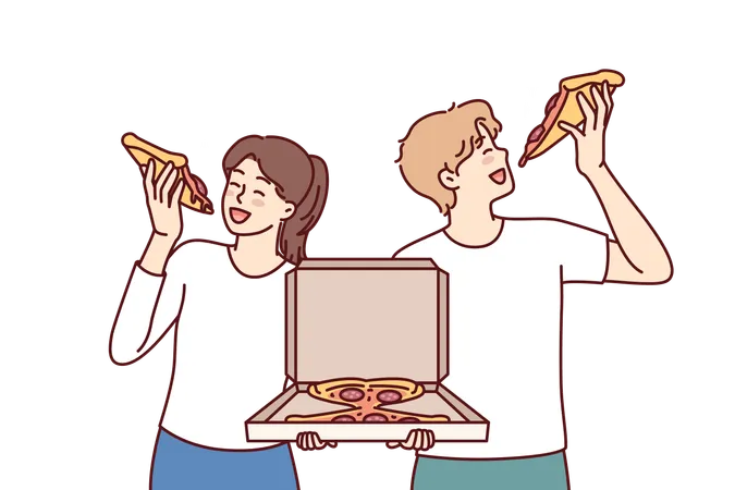 Casal está saboreando pizza  Ilustração