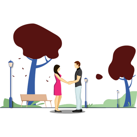 O casal está parado em um parque e de mãos dadas.  Ilustração