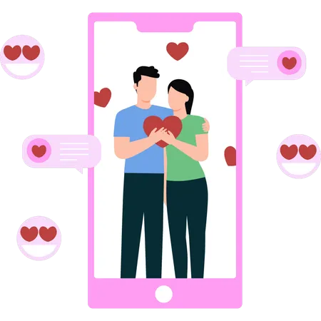 Casal está feliz com seu relacionamento online  Ilustração