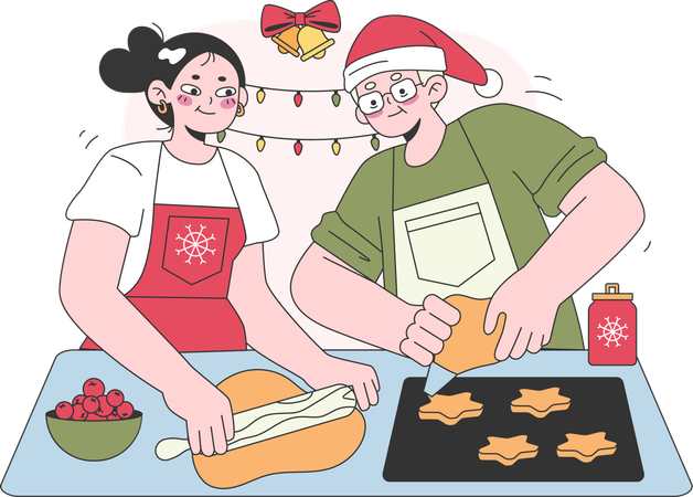 Casal está preparando comida para festa de natal  Ilustração