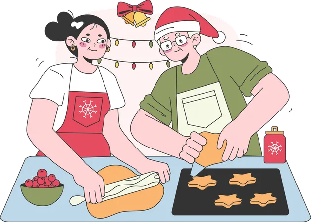 Casal está preparando comida para festa de natal  Ilustração