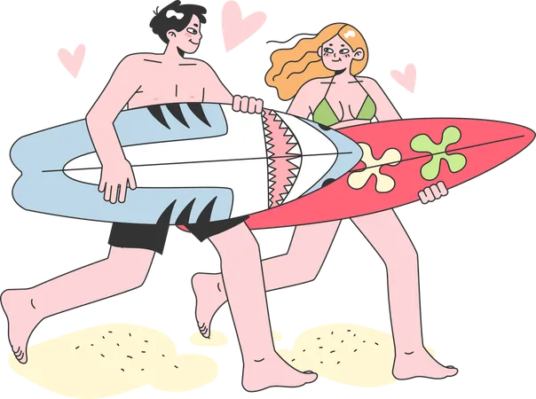 Casal está surfando a bordo  Ilustração