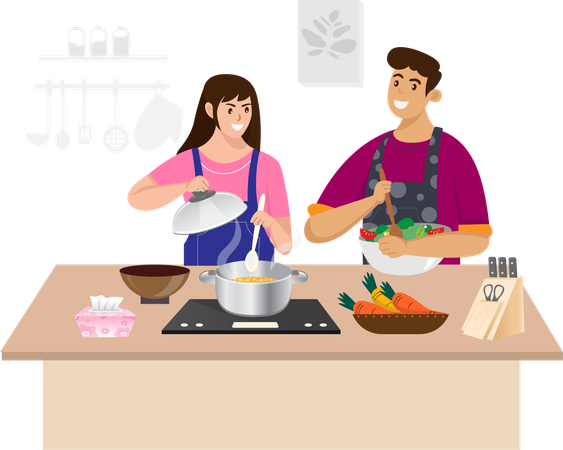 Casal está cozinhando comida juntos  Ilustração