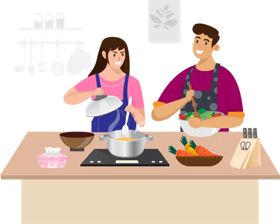 Casal está cozinhando comida juntos  Ilustração