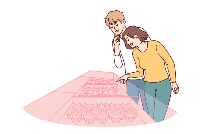 Casal está selecionando cupcakes na padaria  Ilustração