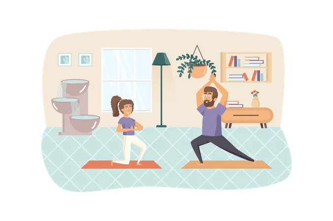 Casal se exercitando e praticando asanas de ioga em casa  Ilustração