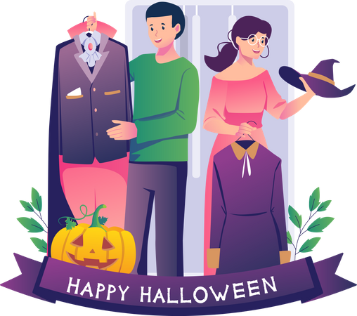 Casal experimentando roupas assustadoras para se preparar para a festa de Halloween  Ilustração