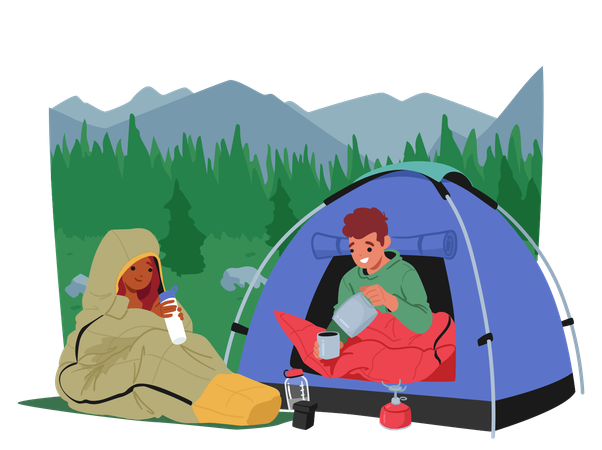 Casal fazendo acampamento na montanha  Ilustração