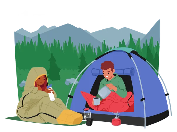 Casal fazendo acampamento na montanha  Ilustração