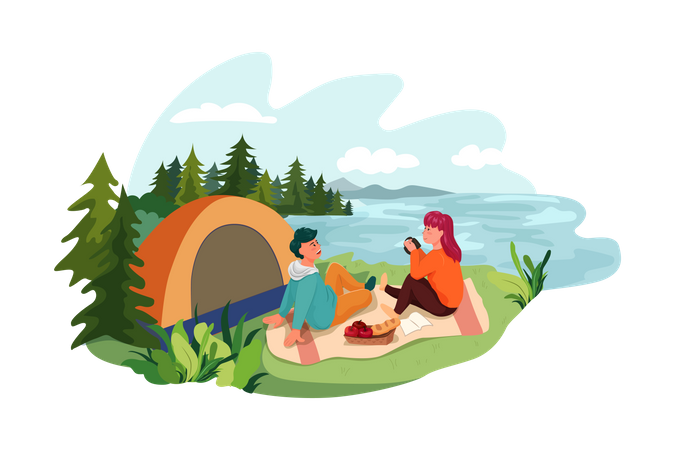 Casal acampando à beira do rio  Ilustração