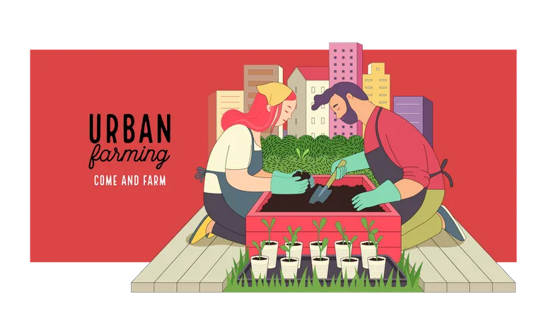 Casal fazendo agricultura urbana e jardinagem  Ilustração