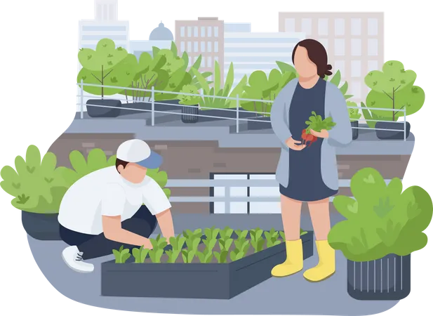Casal fazendo agricultura em terraço  Ilustração