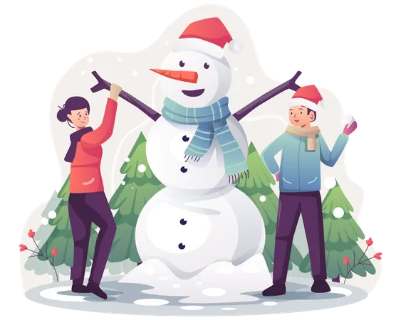 Casal fazendo boneco de neve  Ilustração