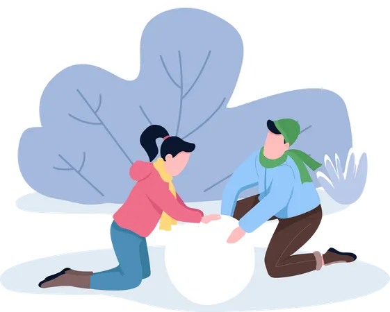 Casal fazendo boneco de neve juntos  Ilustração