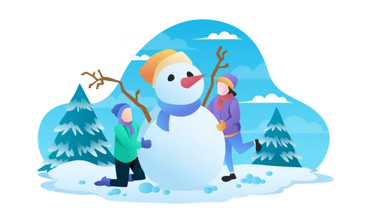 Casal fazendo boneco de neve no inverno  Ilustração