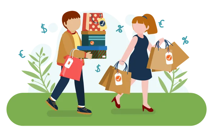 Casal fazendo compras com direitos do consumidor  Ilustração