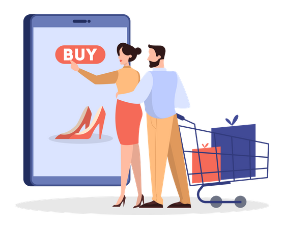 Casal fazendo compras on-line via aplicativo móvel  Ilustração