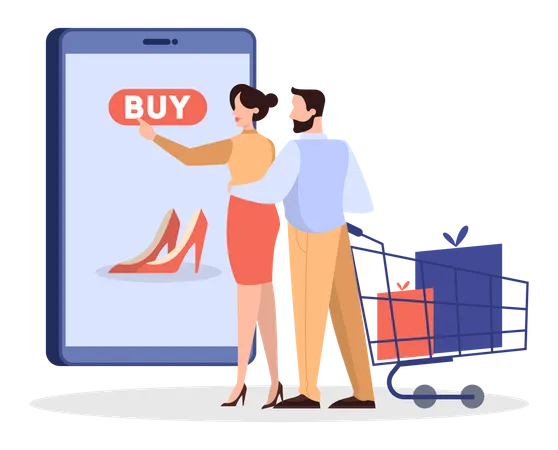 Casal fazendo compras on-line via aplicativo móvel  Ilustração