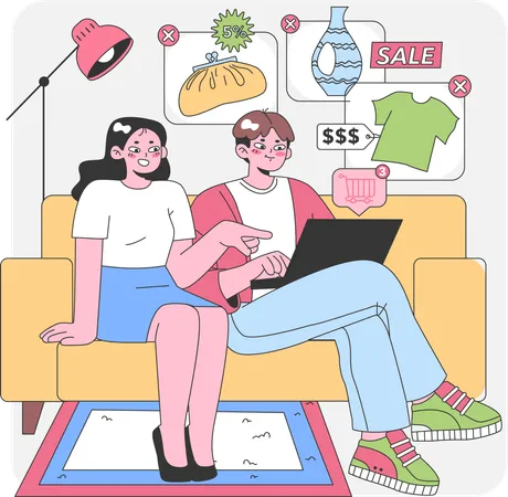 Casal fazendo compras online  Ilustração