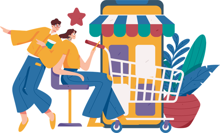 Casal fazendo compras online  Ilustração