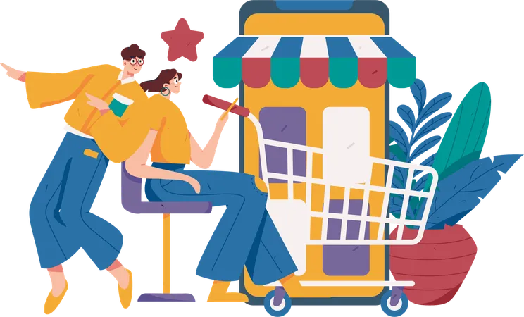 Casal fazendo compras online  Ilustração